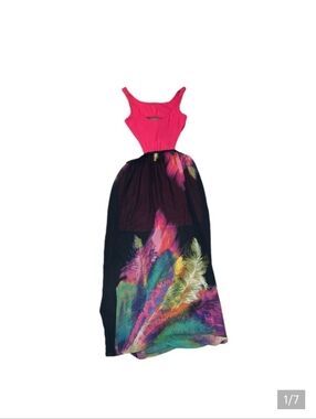 BEBE Women’s Hourglass opened back Peacock feather Sexy Sheer Dress